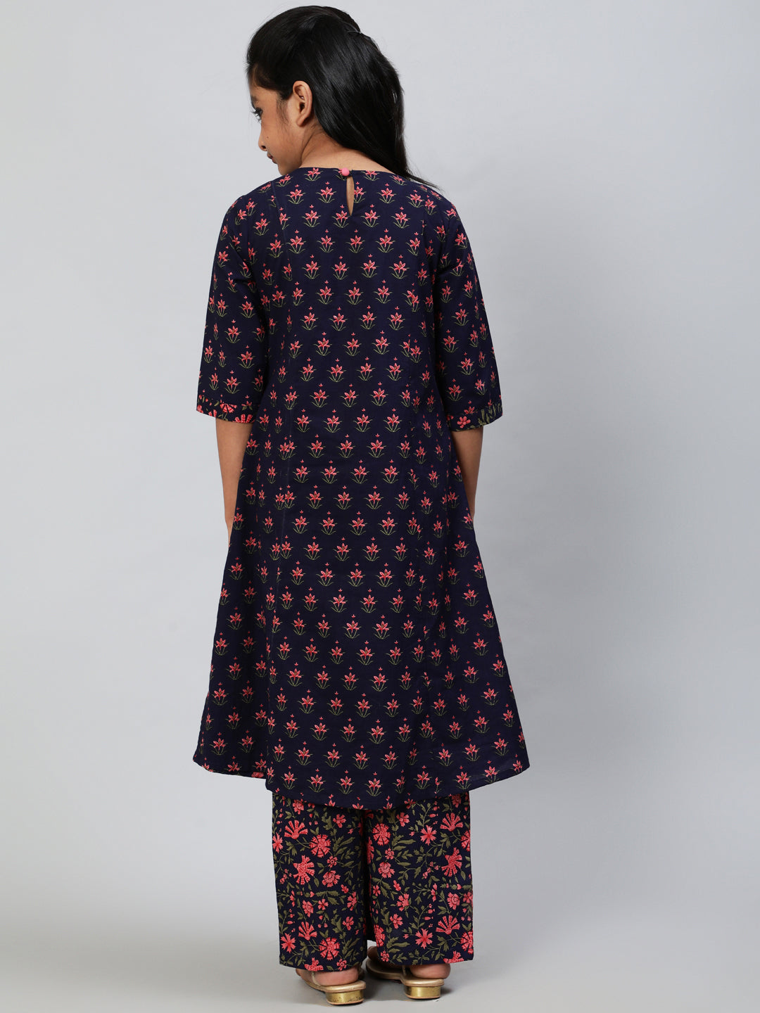 Blue Floral Print Double Layered Kurta With Palazzo - Elganza