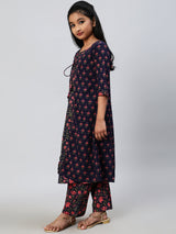 Blue Floral Print Double Layered Kurta With Palazzo - Elganza