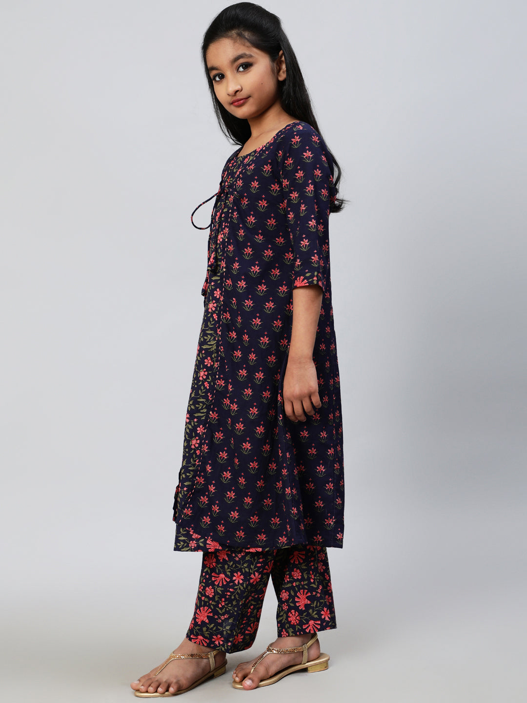 Blue Floral Print Double Layered Kurta With Palazzo - Elganza