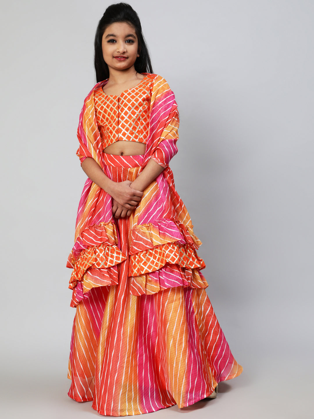 Orange Leheriya Print Lehenga Choli With Dupatta - Elganza