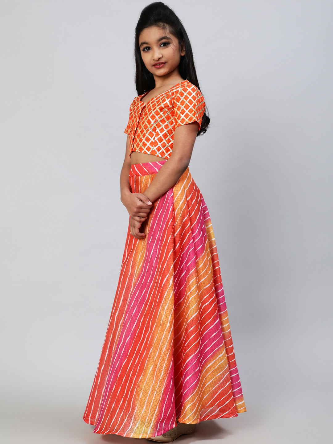 Orange Leheriya Print Lehenga Choli With Dupatta - Elganza