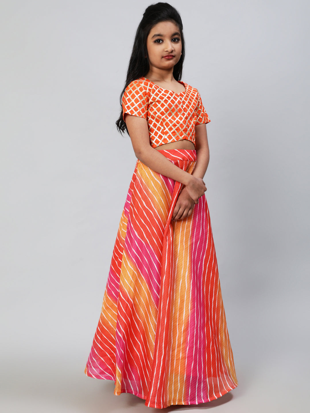 Orange Leheriya Print Lehenga Choli With Dupatta - Elganza