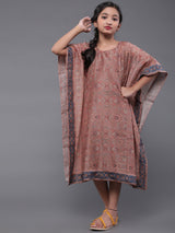 Brown Floral Print Kaftan Dress - Elganza
