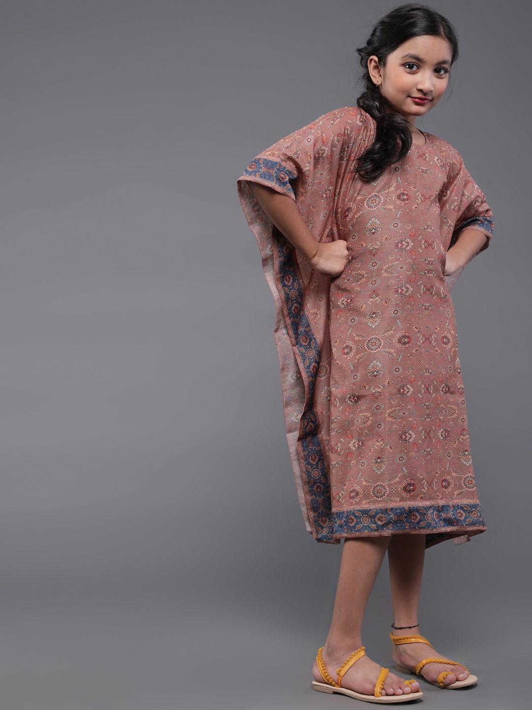 Brown Floral Print Kaftan Dress - Elganza