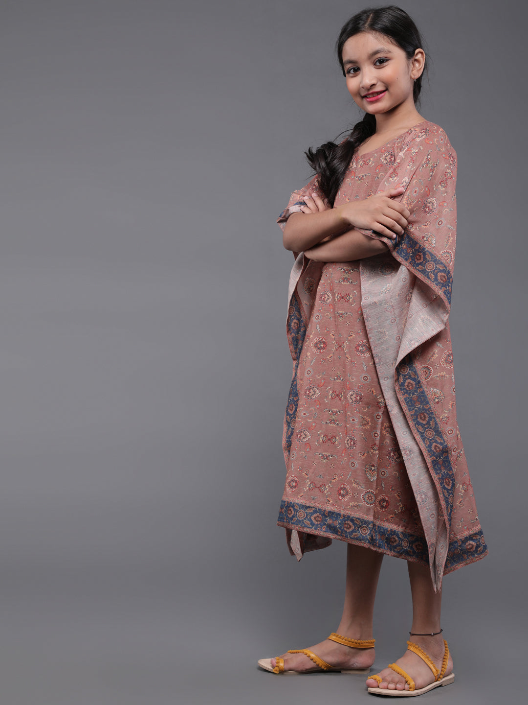 Brown Floral Print Kaftan Dress - Elganza