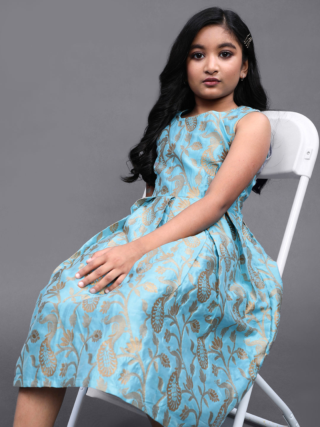 Blue Brocade Short Dress - Elganza