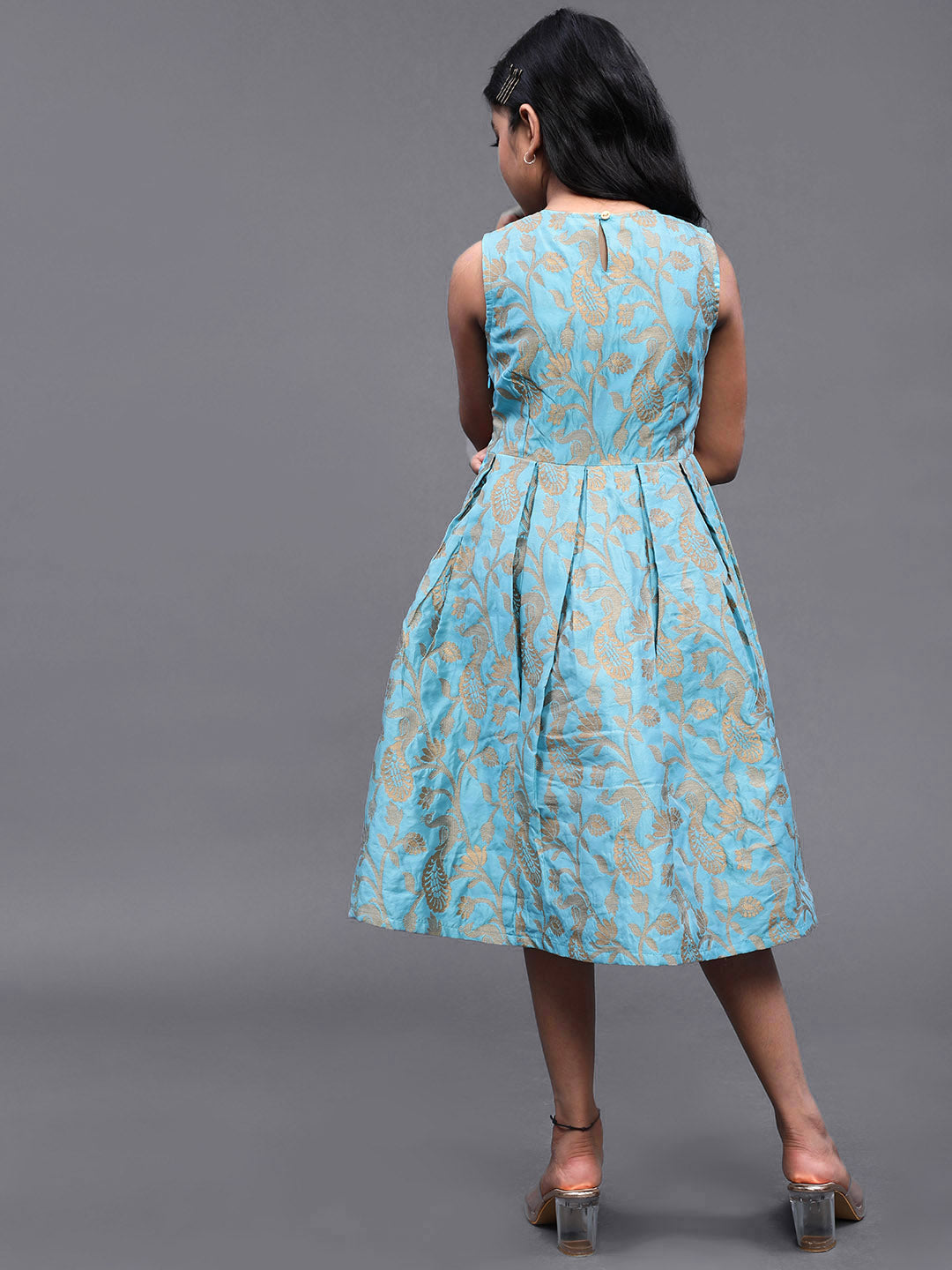 Blue Brocade Short Dress - Elganza