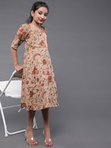 Brown Floral Print A-Line Dress - Elganza