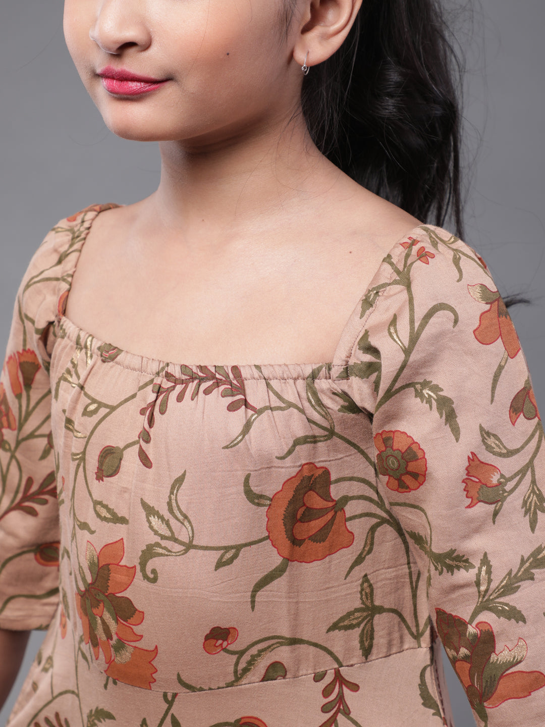 Brown Floral Print A-Line Dress - Elganza