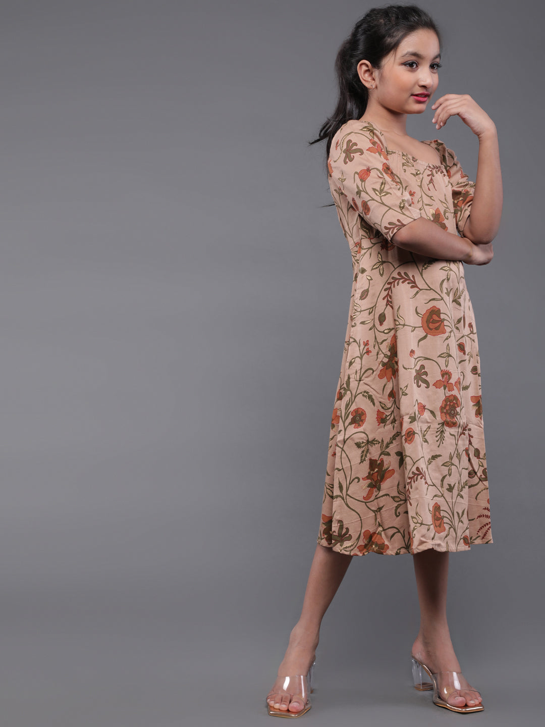 Brown Floral Print A-Line Dress - Elganza