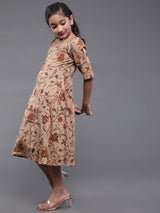Brown Floral Print A-Line Dress - Elganza