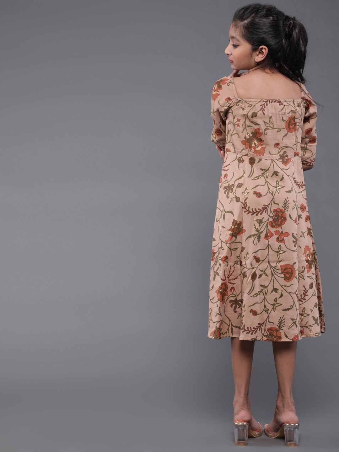 Brown Floral Print A-Line Dress - Elganza