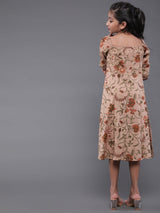 Brown Floral Print A-Line Dress - Elganza