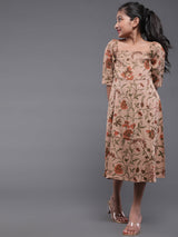 Brown Floral Print A-Line Dress - Elganza
