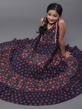 Blue Floral Print Flared Maxi Dress - Elganza