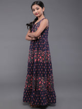Blue Floral Print Flared Maxi Dress - Elganza