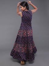 Blue Floral Print Flared Maxi Dress - Elganza