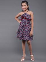 Blue Kitsch Print Mini Dress With Pom-Pom Lace - Elganza