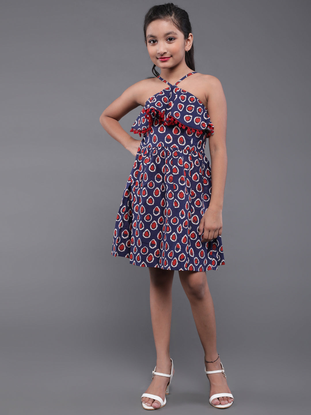 Blue Kitsch Print Mini Dress With Pom-Pom Lace - Elganza