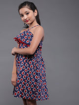 Blue Kitsch Print Mini Dress With Pom-Pom Lace - Elganza