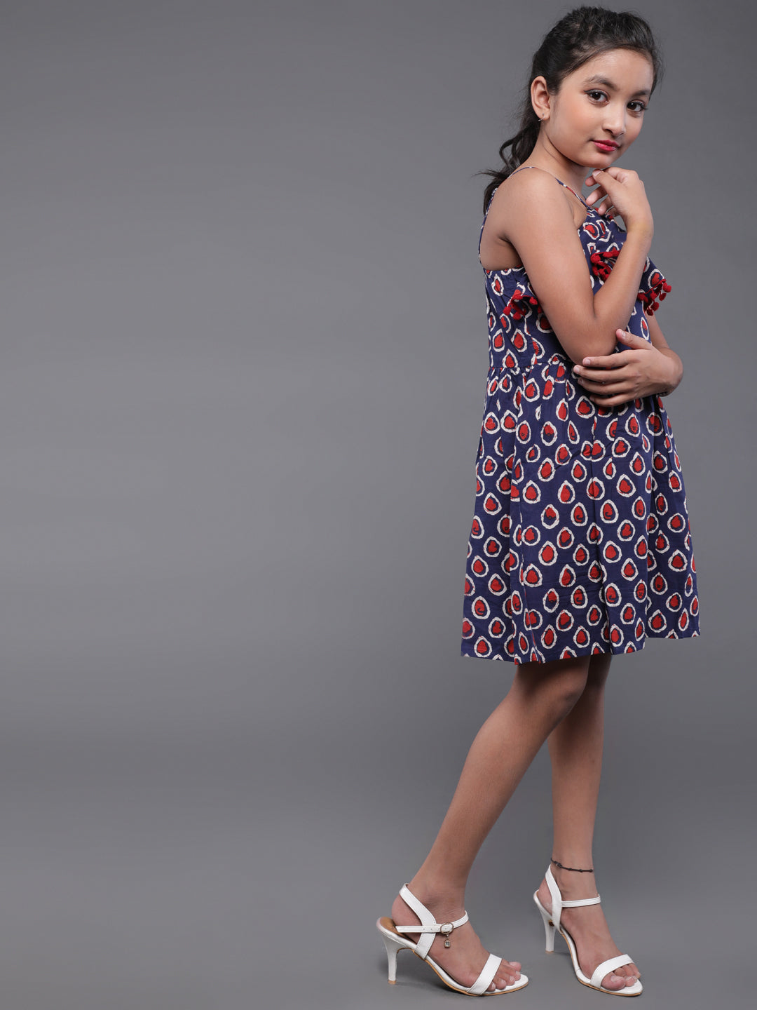 Blue Kitsch Print Mini Dress With Pom-Pom Lace - Elganza