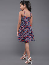 Blue Kitsch Print Mini Dress With Pom-Pom Lace - Elganza