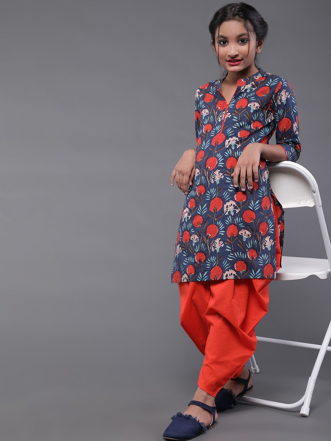 Blue Floral Print Kurta With Dhoti Pant - Elganza