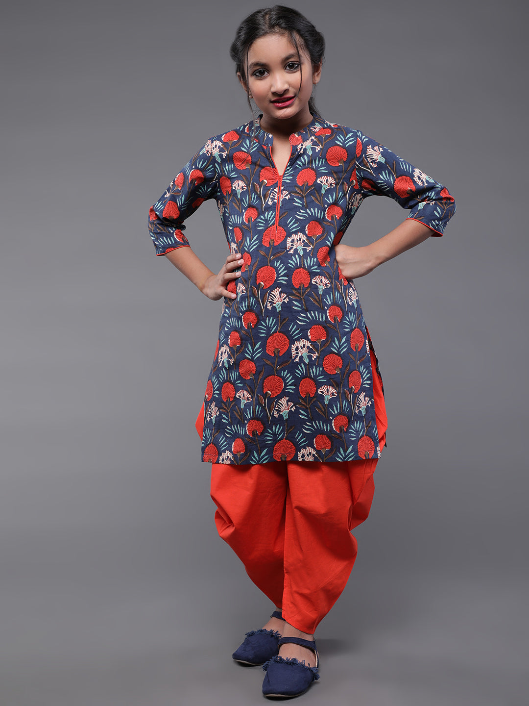 Blue Floral Print Kurta With Dhoti Pant - Elganza