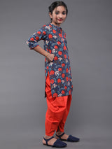 Blue Floral Print Kurta With Dhoti Pant - Elganza