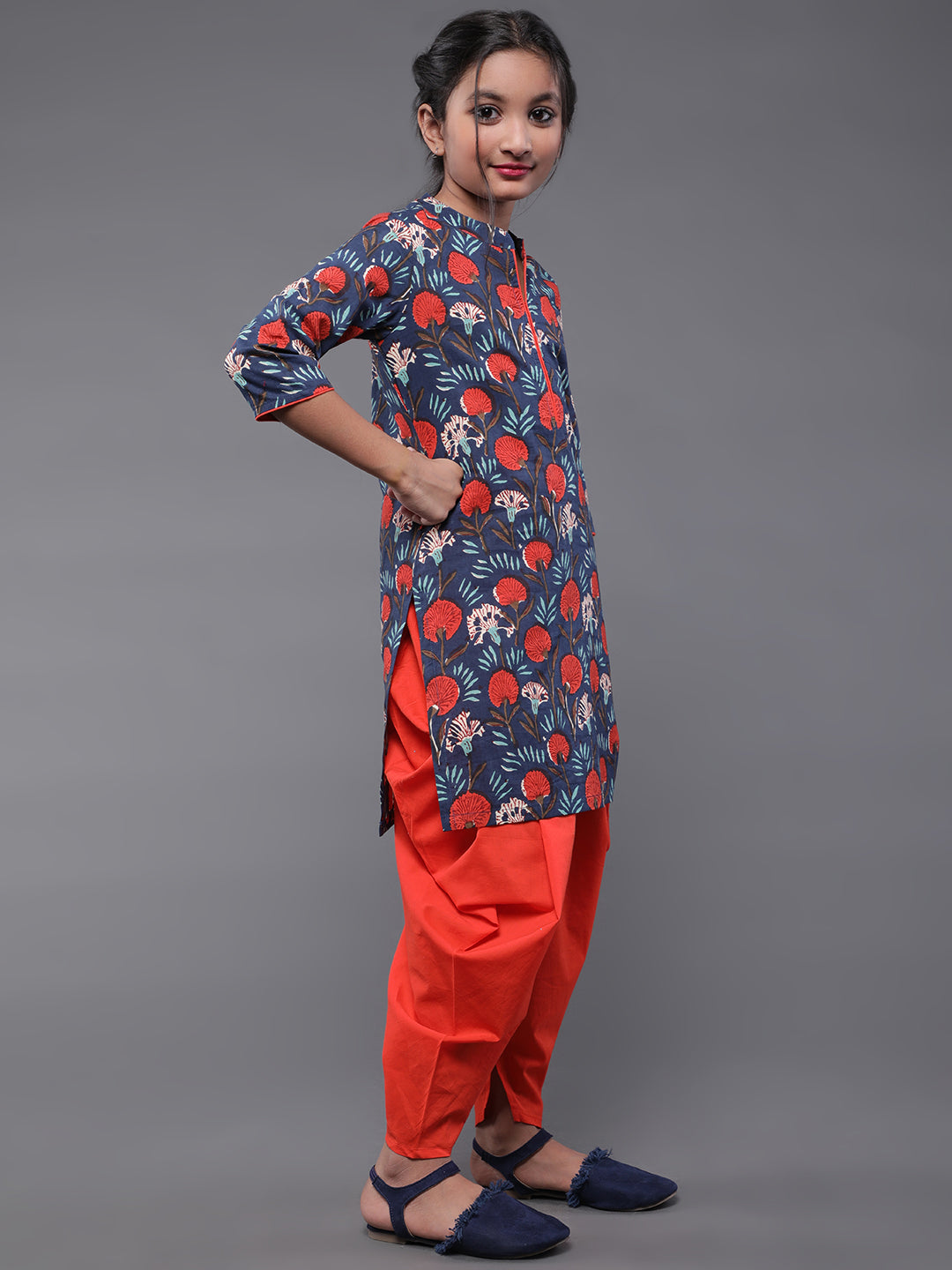Blue Floral Print Kurta With Dhoti Pant - Elganza