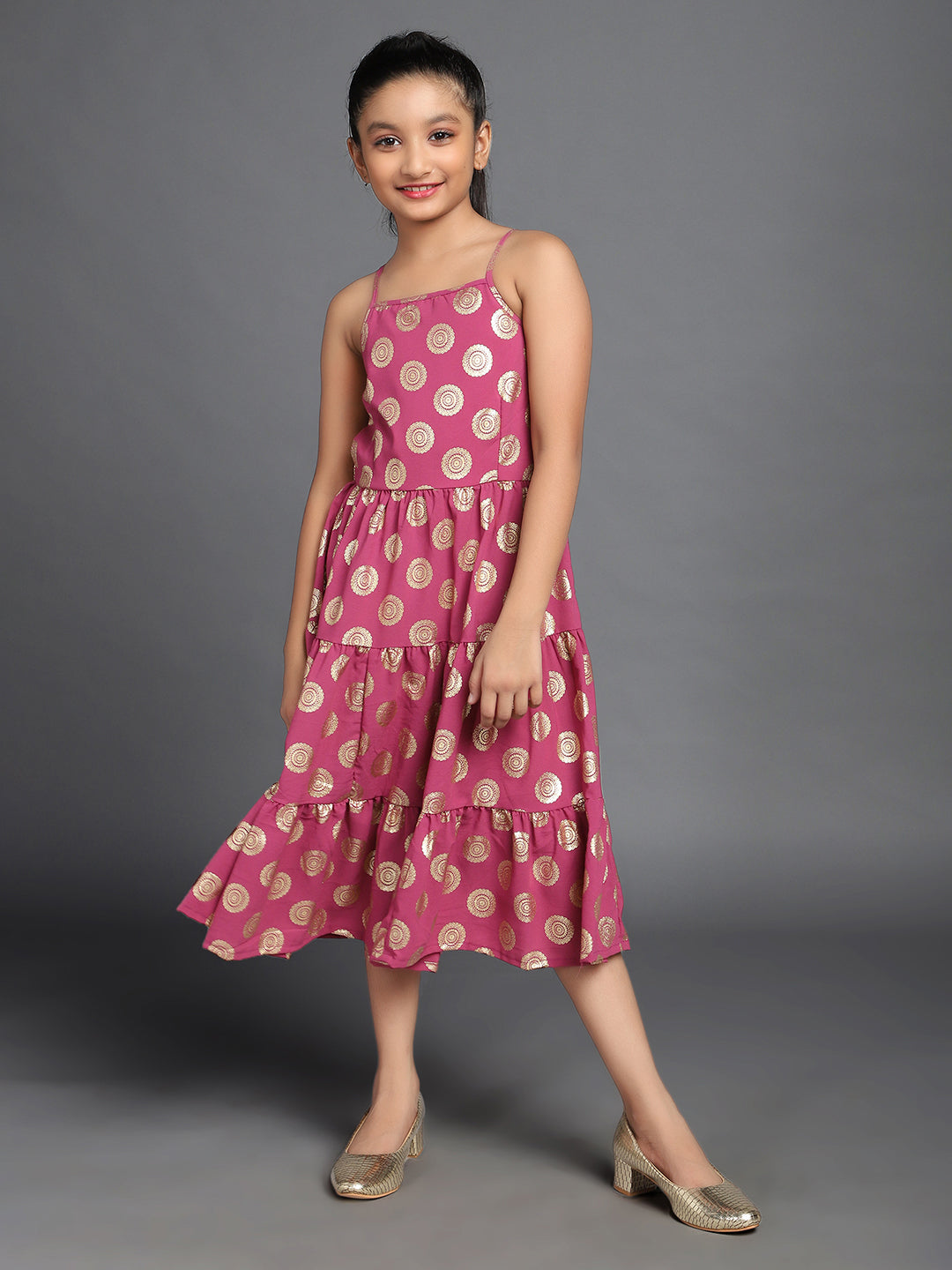 Magenta Gold Foil Print Tiered Midi Dress - Elganza