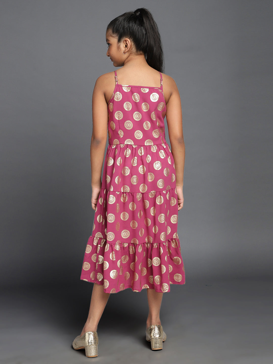 Magenta Gold Foil Print Tiered Midi Dress - Elganza