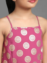 Magenta Gold Foil Print Tiered Midi Dress - Elganza