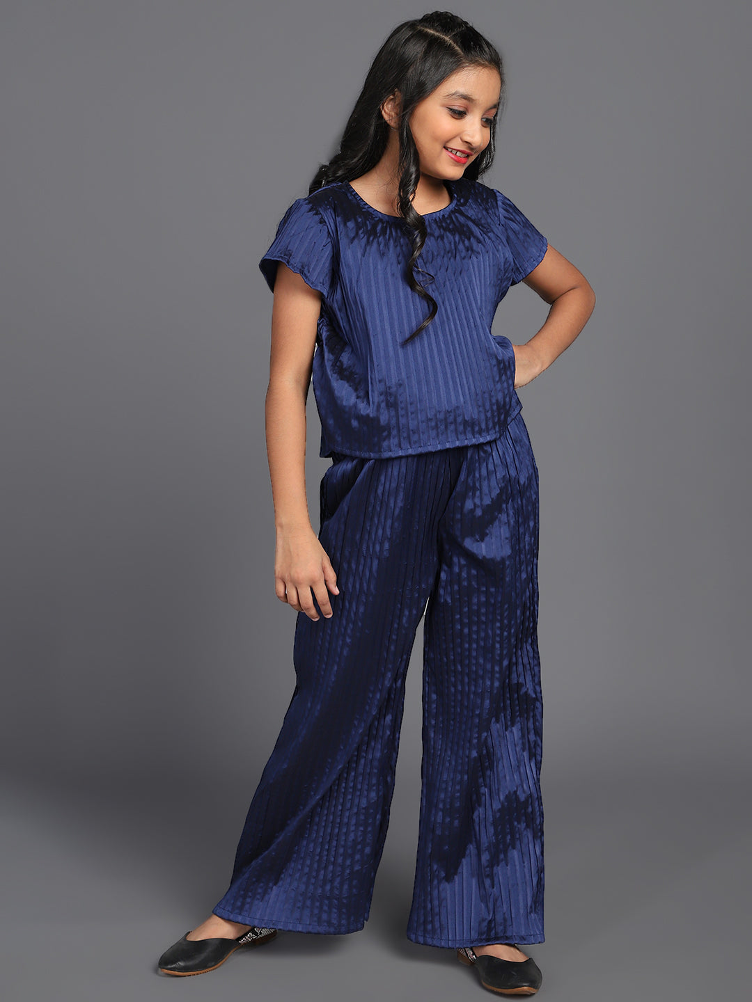 Navy Blue Pleated Top With Palazzo - Elganza