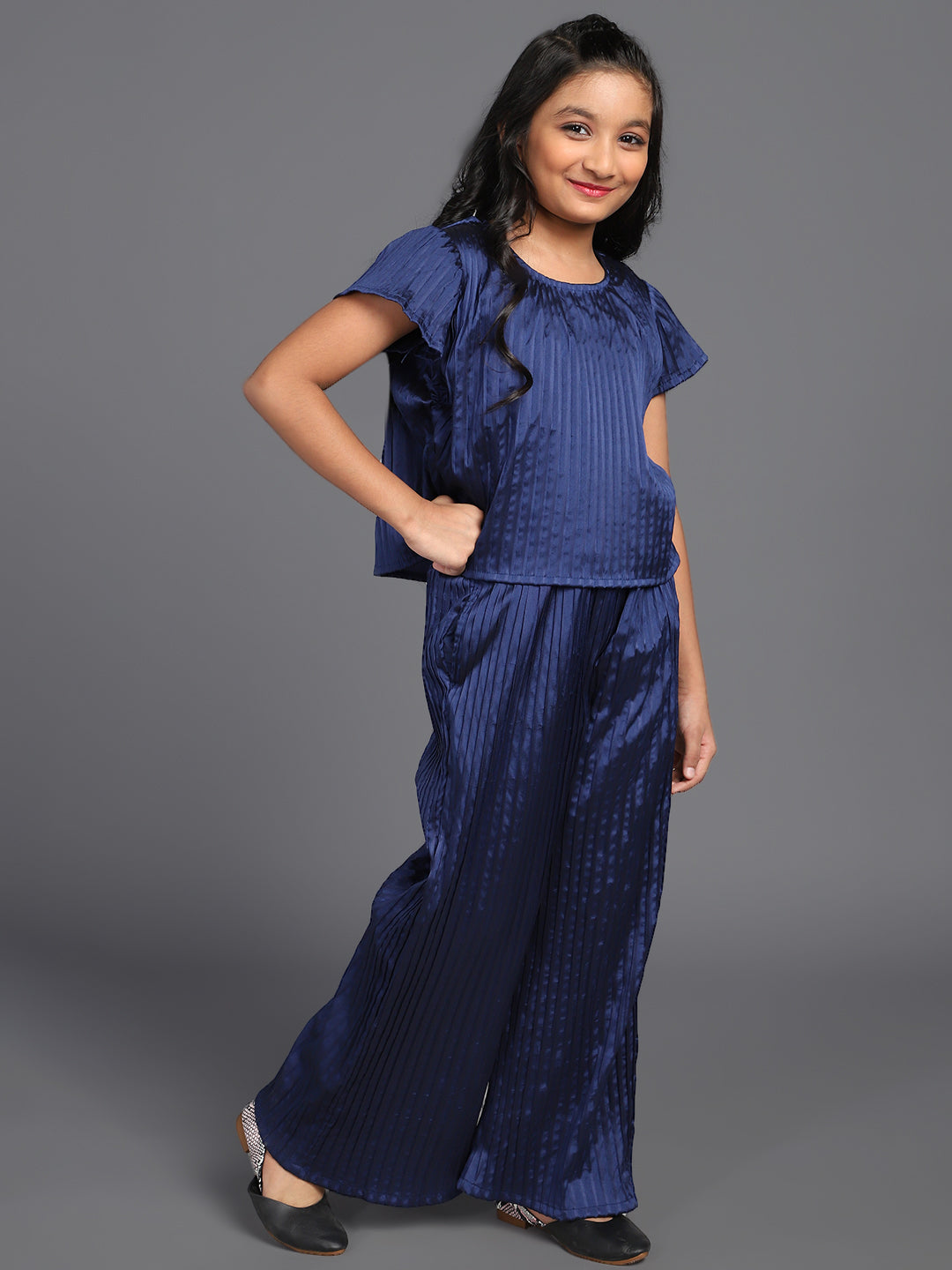 Navy Blue Pleated Top With Palazzo - Elganza