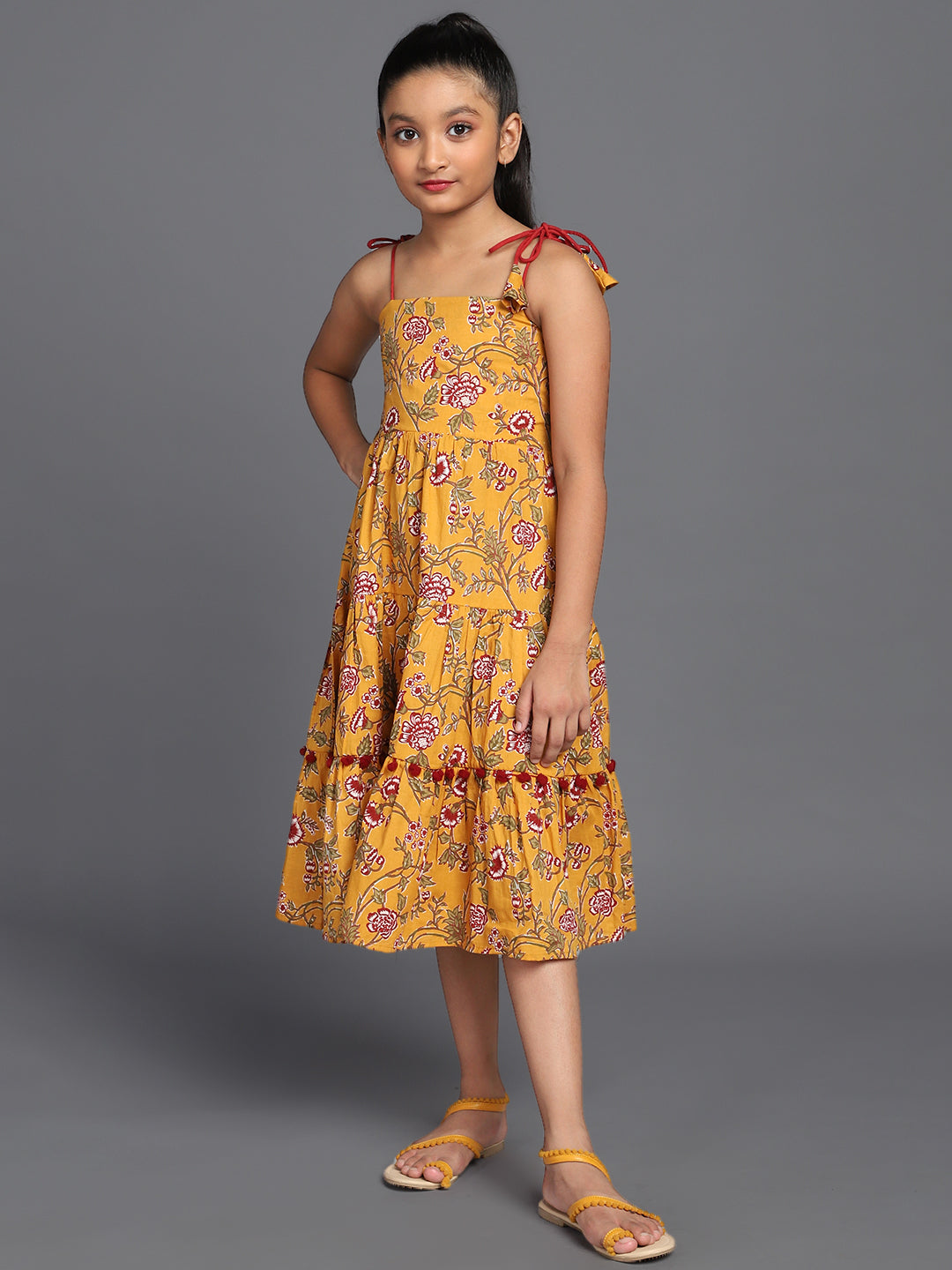 Mustard Floral Print Tiered Midi Dress - Elganza