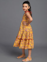 Mustard Floral Print Tiered Midi Dress - Elganza
