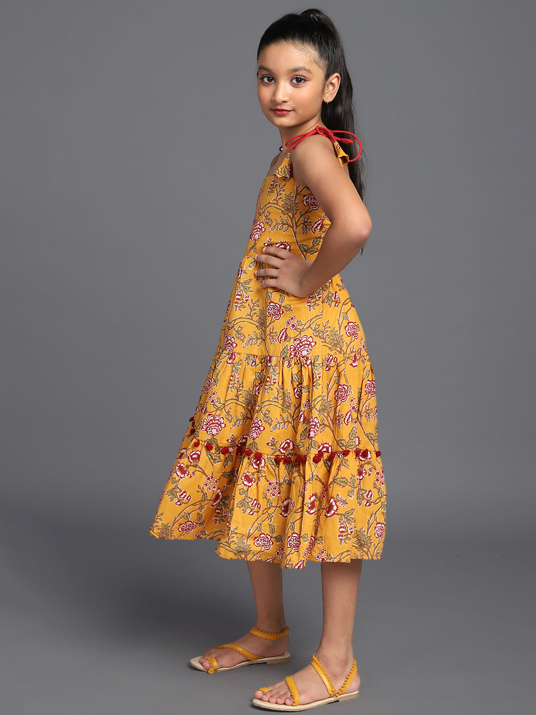 Mustard Floral Print Tiered Midi Dress - Elganza