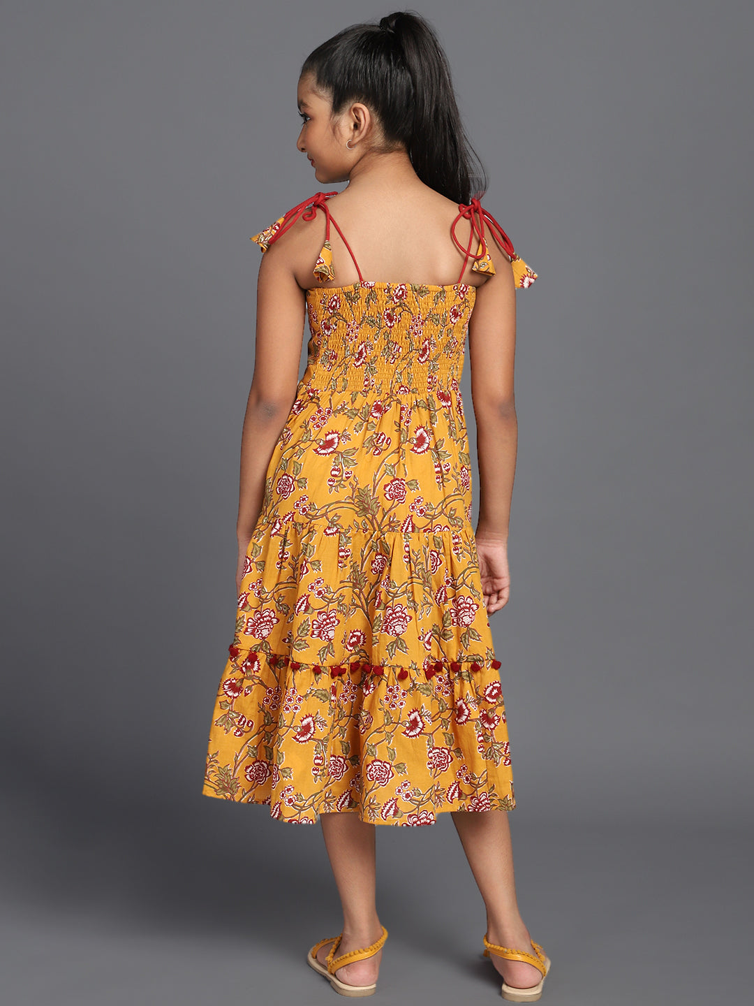 Mustard Floral Print Tiered Midi Dress - Elganza