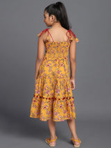 Mustard Floral Print Tiered Midi Dress - Elganza