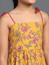 Mustard Floral Print Tiered Midi Dress - Elganza