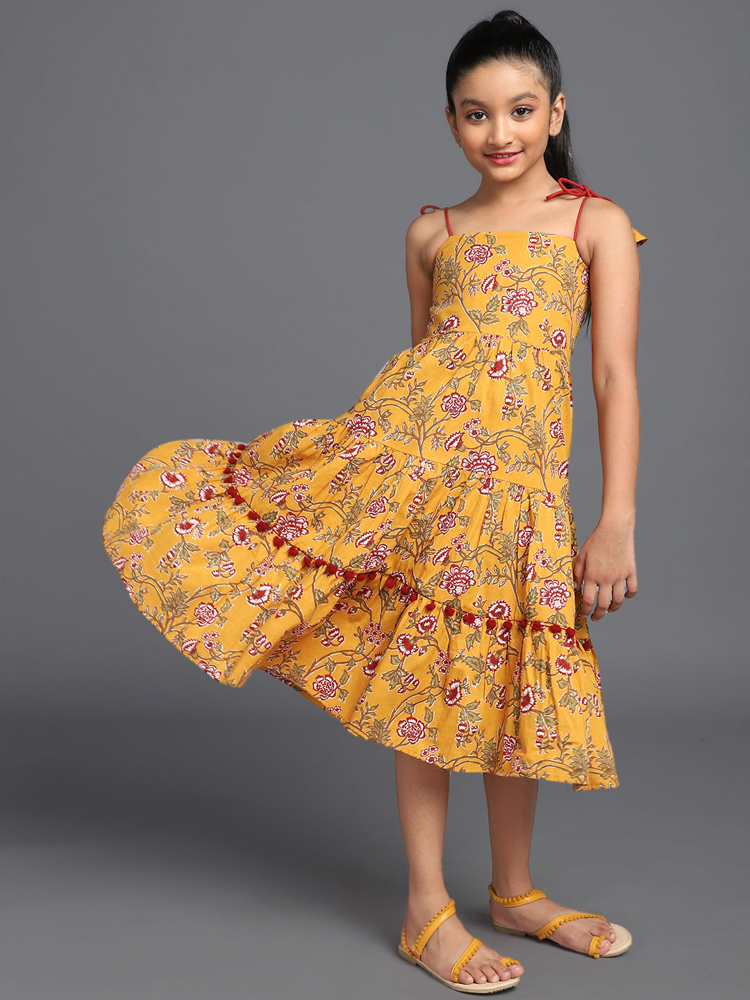 Mustard Floral Print Tiered Midi Dress - Elganza