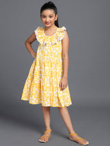 Yellow Floral Print Tiered Midi Dress - Elganza