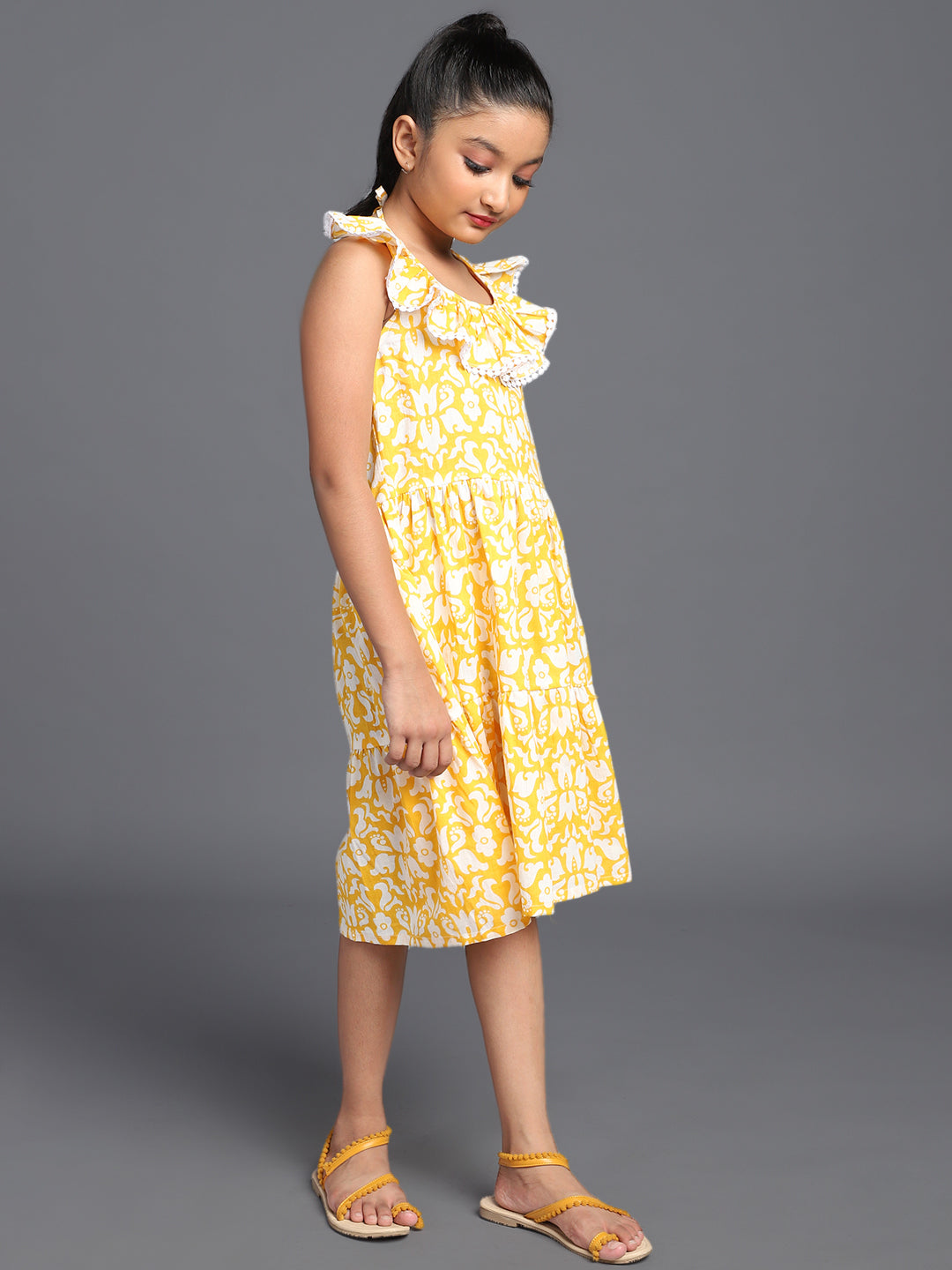Yellow Floral Print Tiered Midi Dress - Elganza