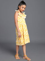 Yellow Floral Print Tiered Midi Dress - Elganza