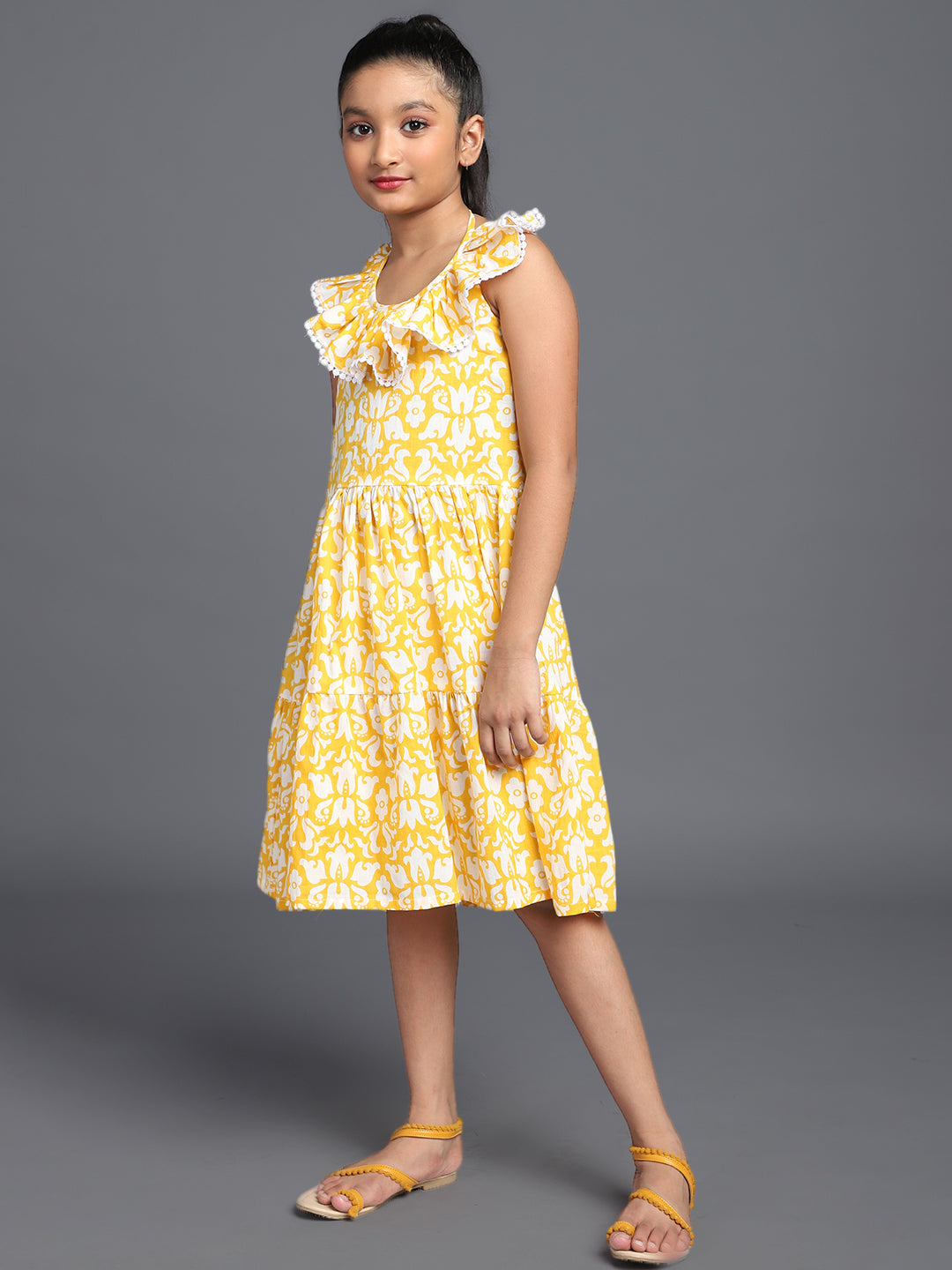 Yellow Floral Print Tiered Midi Dress - Elganza