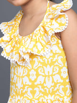 Yellow Floral Print Tiered Midi Dress - Elganza