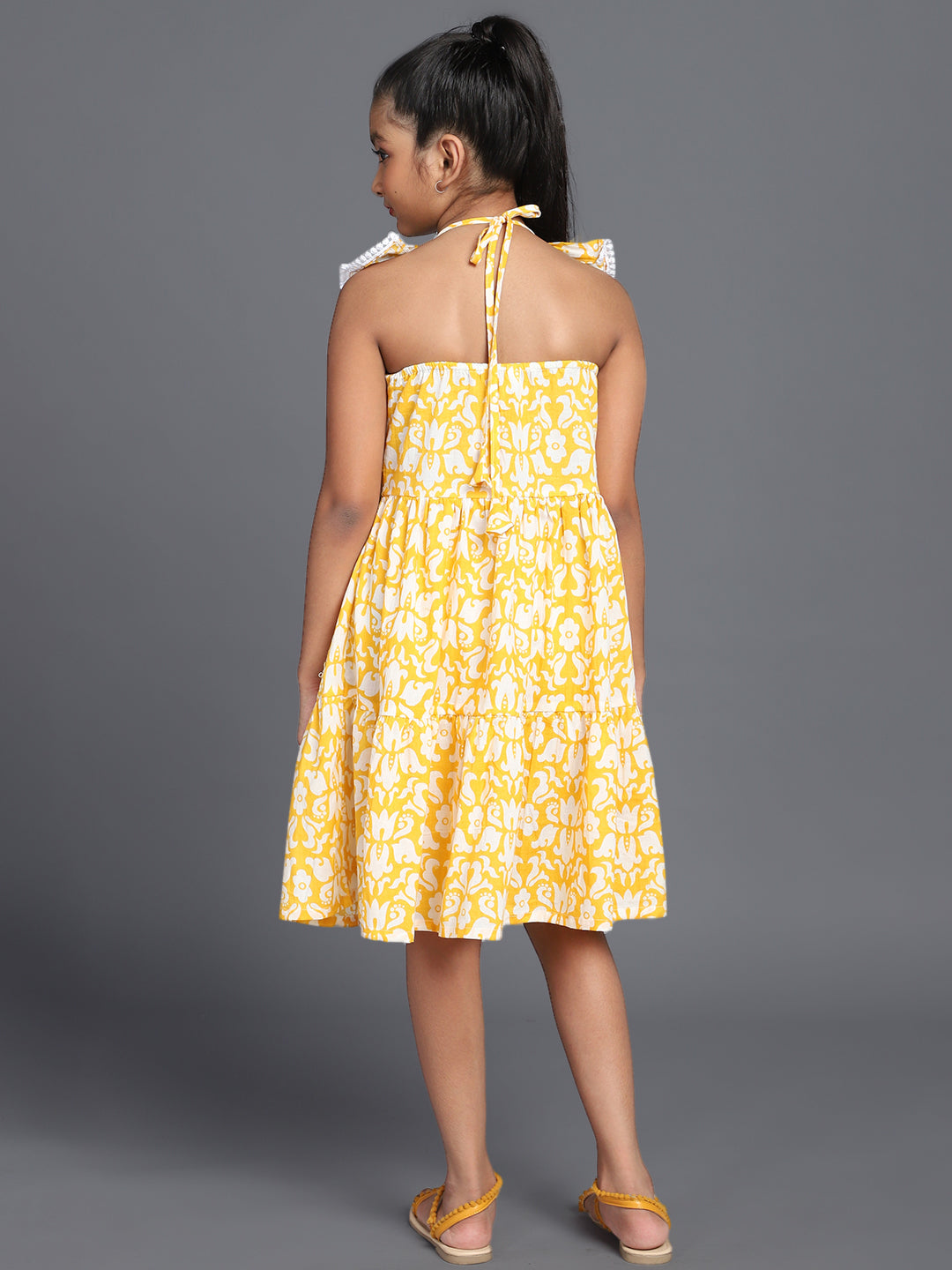 Yellow Floral Print Tiered Midi Dress - Elganza