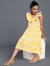 Yellow Floral Print Tiered Midi Dress - Elganza
