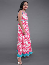 Pink Floral Print Fit And Flare Dress - Elganza